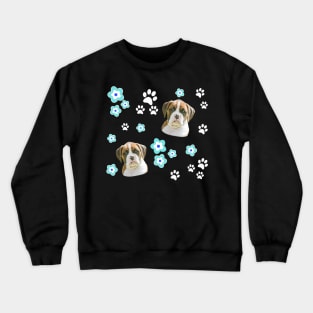 Flashy Fawn Boxer Puppy, on Blue with Flowers Crewneck Sweatshirt